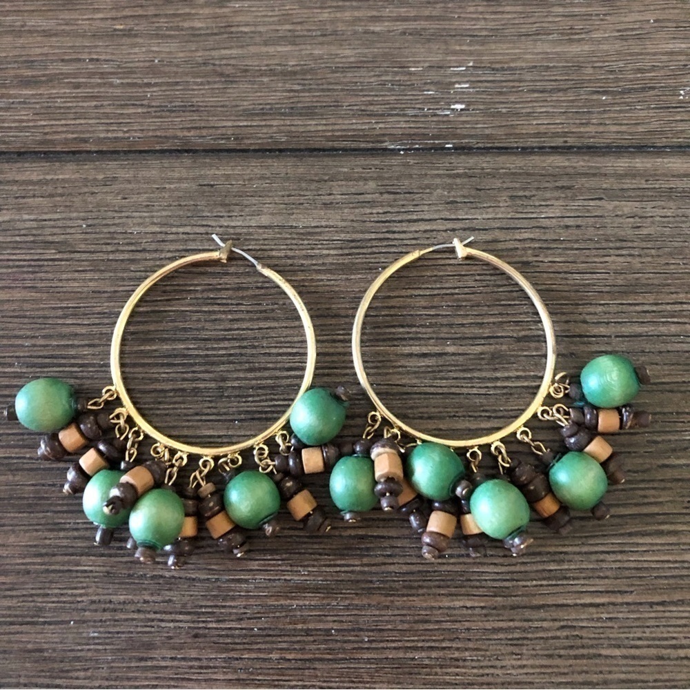 Gold metal wood bead hoop earrings